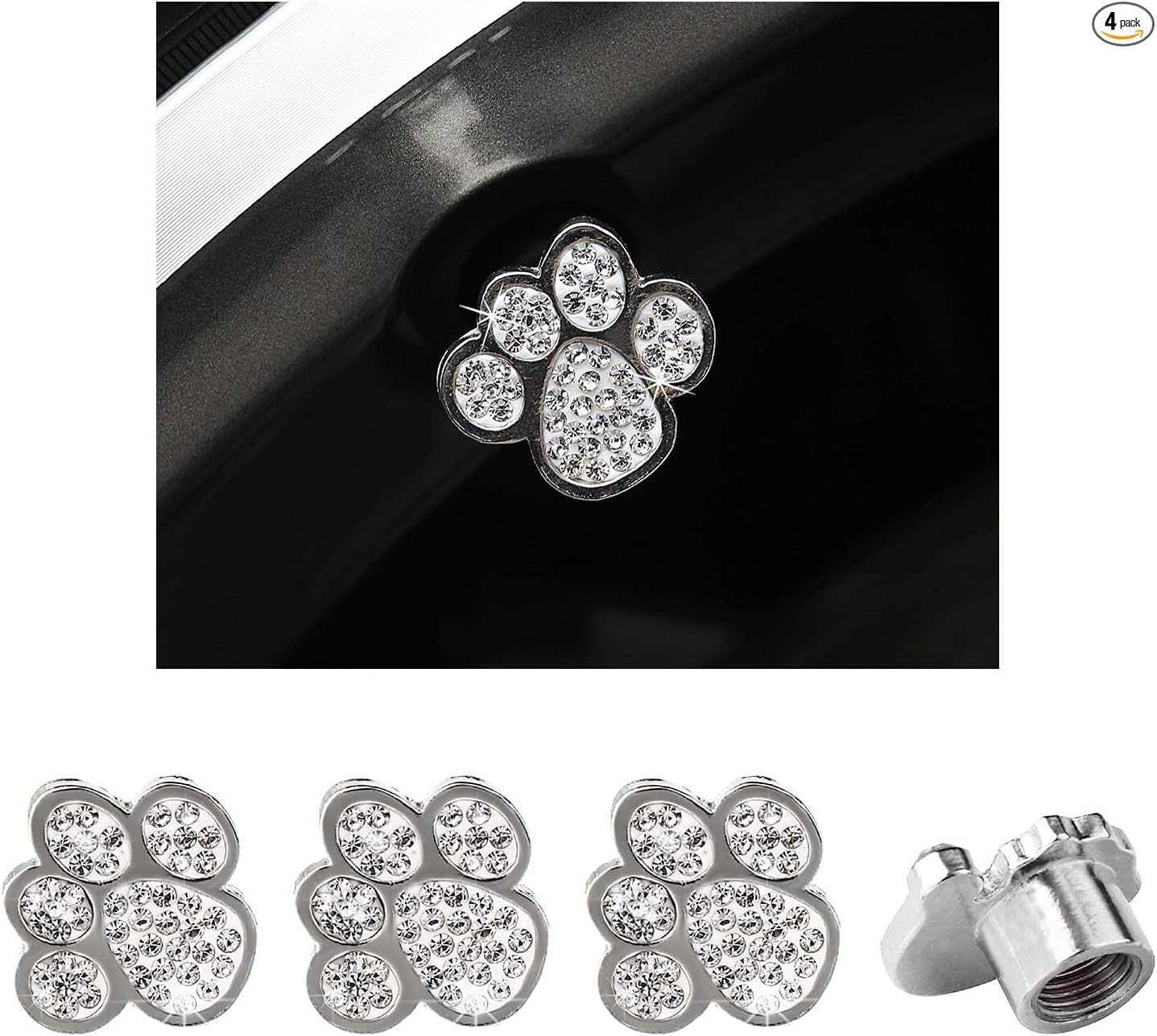 4PCS Crystal Paw Tire Valve Caps, Bling Handmade Rhinestone Car T Color: White