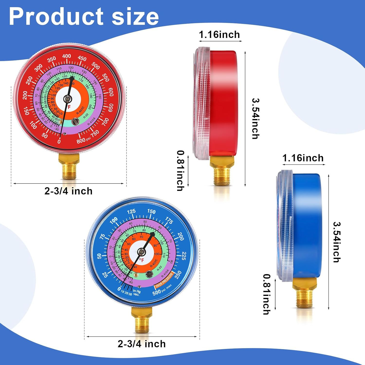Refrigeration Pressure Gauge Kit R-134a, R-404a, R-2092, R-410a R-134a 0-800psi