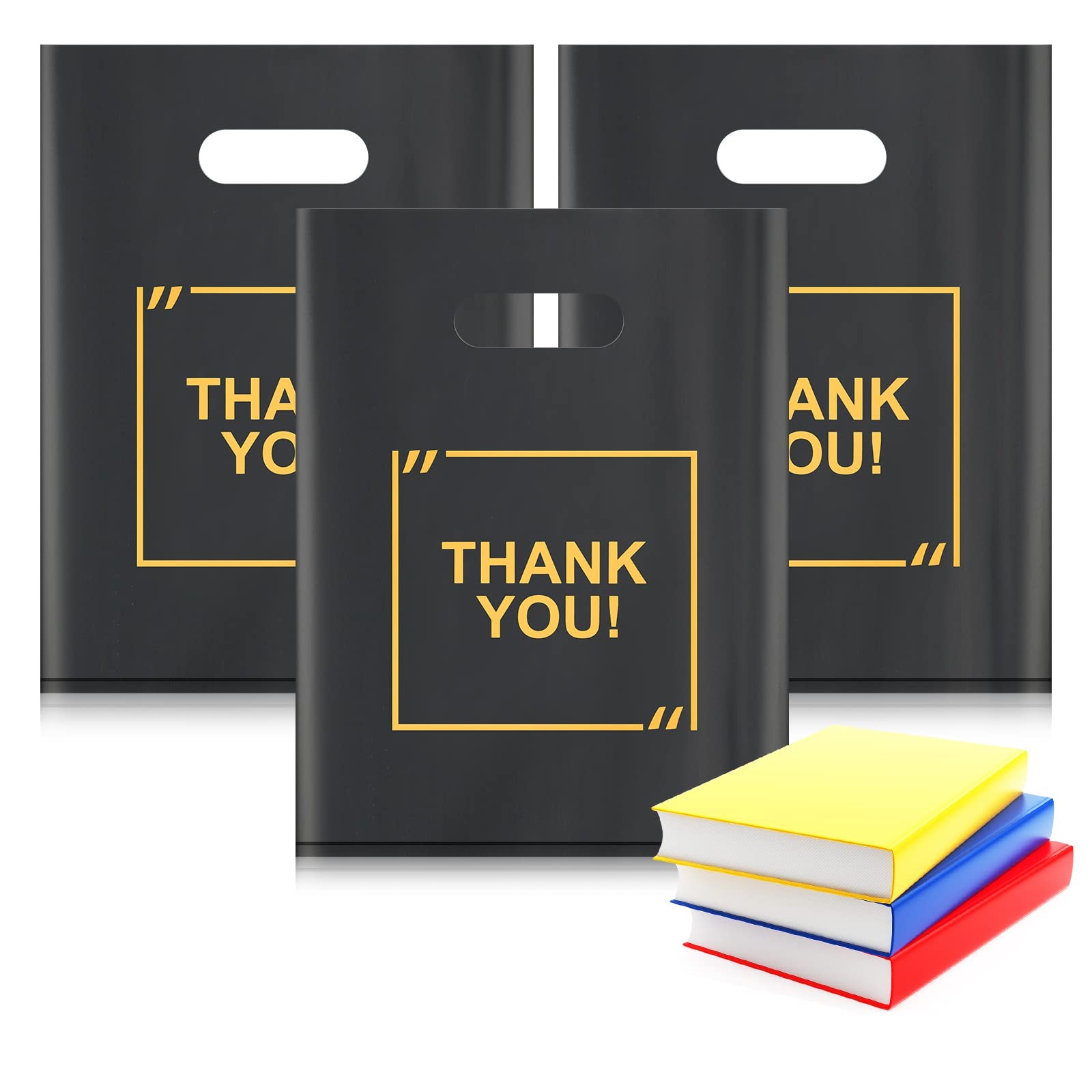 50 Pack Die Cut Plastic Shopping Bags with Thank 50 Count (Pack of 1), Black