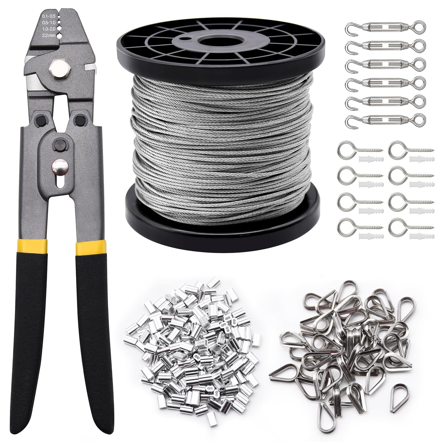 Wire Rope Set, 328ft 1/16″ Wire Rope Cable with 200pcs Crimping Sleeves 50pcs…