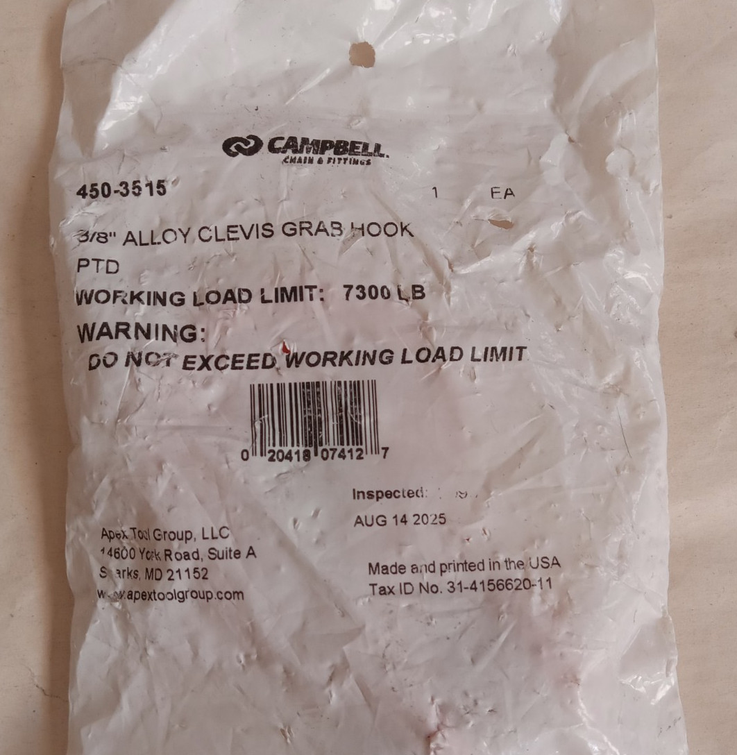 Campbell 450-3515 3/8″ Alloy Clevis Grab Orange Hook PTD Load Limit 7300 lb