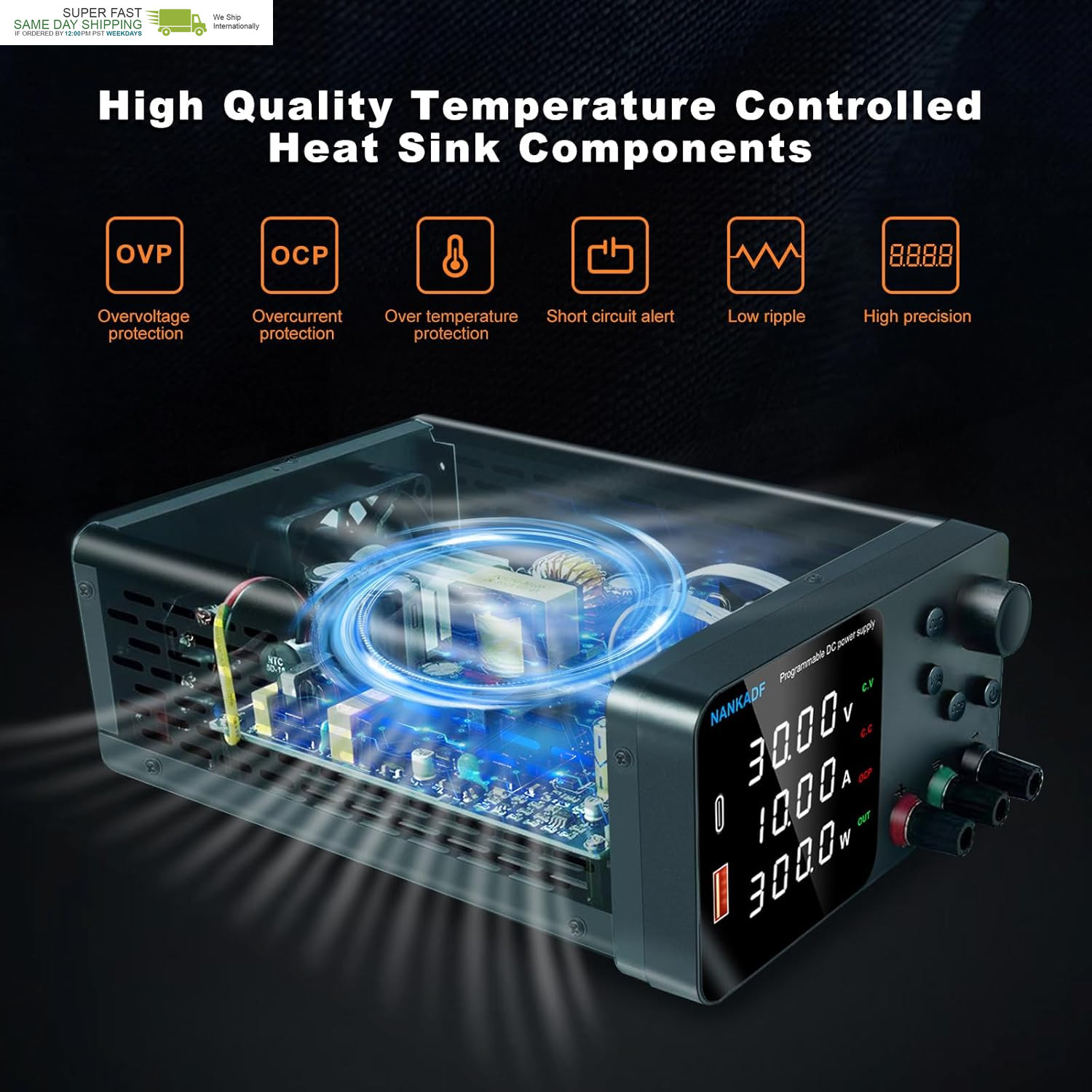 DC Power Supply, 30V 10A Bench Power Supply with Encoder Adjustment, 5V/3.6A Usb