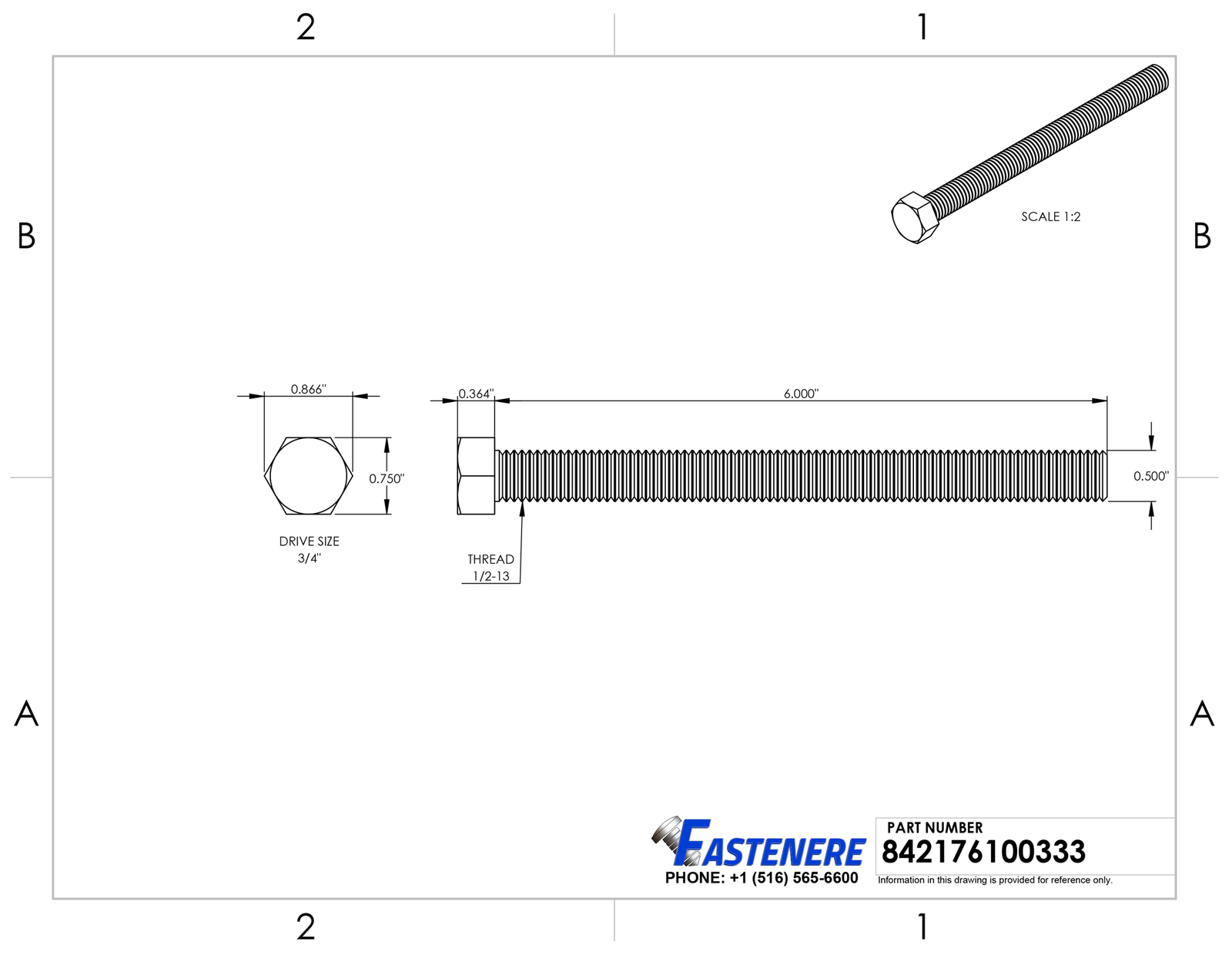 1/2-13 x 6″ Hex Head Bolts Stainless Steel Fully Threaded Qty 10
