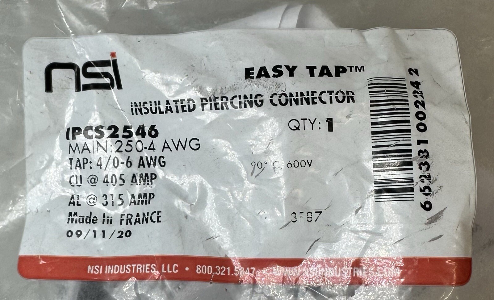 NEW & SEALED NSI IPCS2546 Easy Tap Insulated Piercing Connector, 250-4 AWG Main