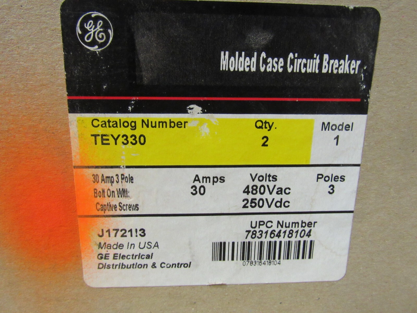 GE TEY330 30A/3P 14kA at 277/480VAC MOLDED CASE CIRCUIT BREAKER, NIB! MAKE OFFER