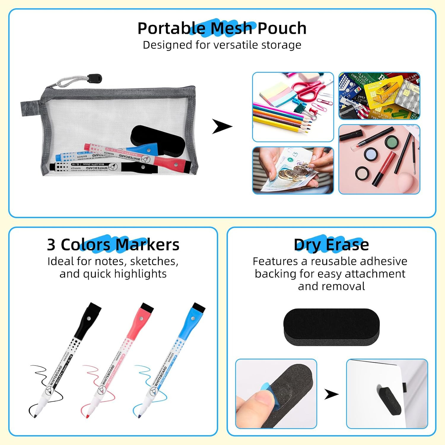 Mini Whiteboard 12 x 9 in Double Sided Folding Travel Board w/ 3 Markers