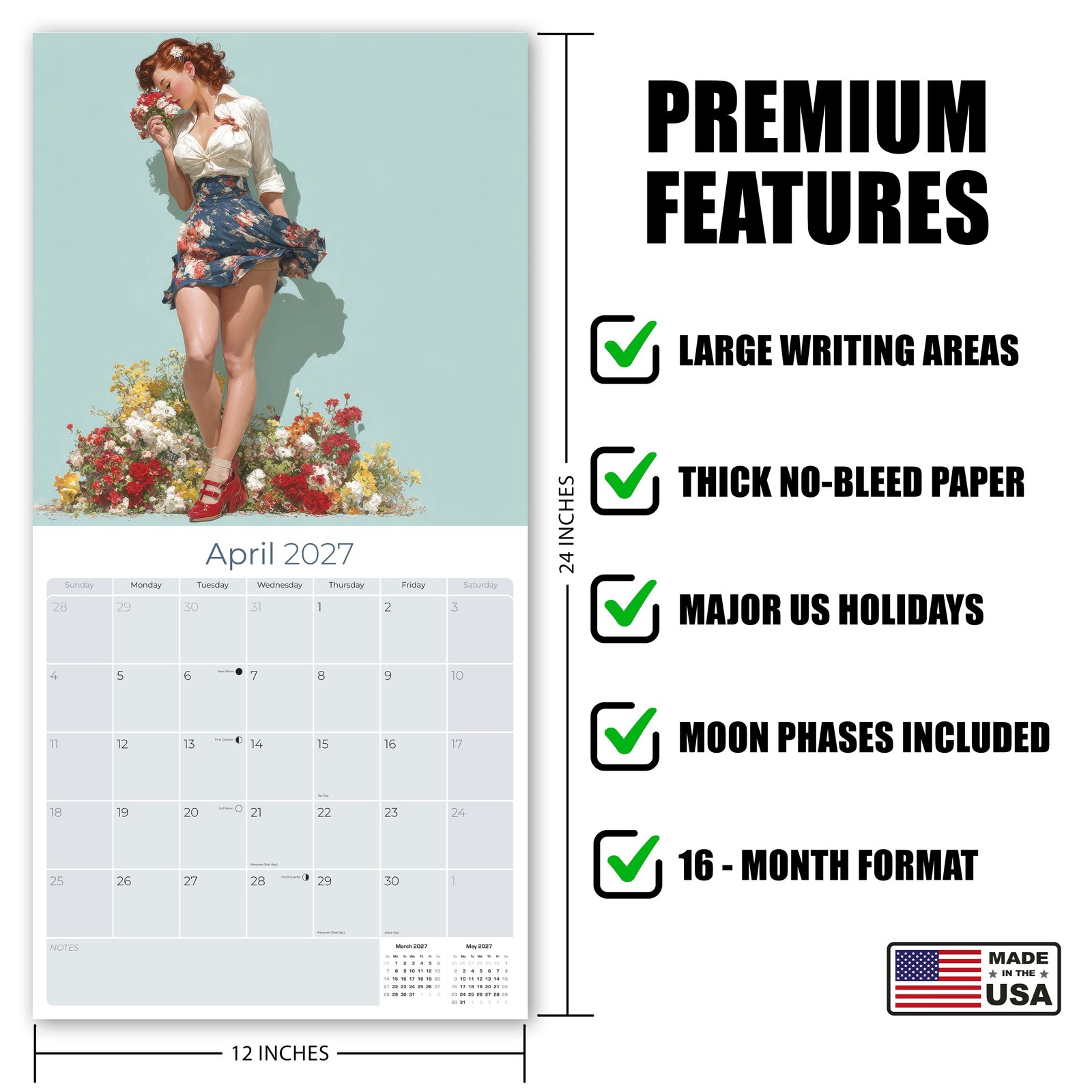 Vintage Pin Ups Wall Calendar 2026 FULL SIZE 12×24 Made in USA