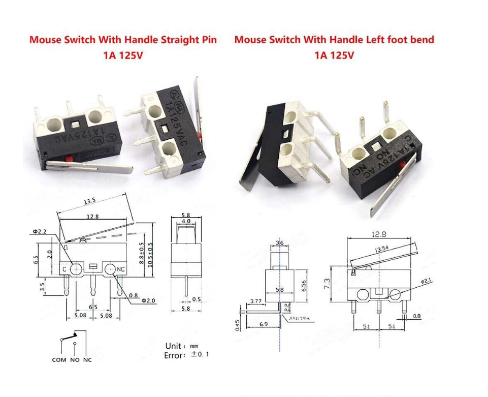 Mini Microswitch 3 Pin 1A 125V AC Limit Switch Mouse Button or Lever 3D Print