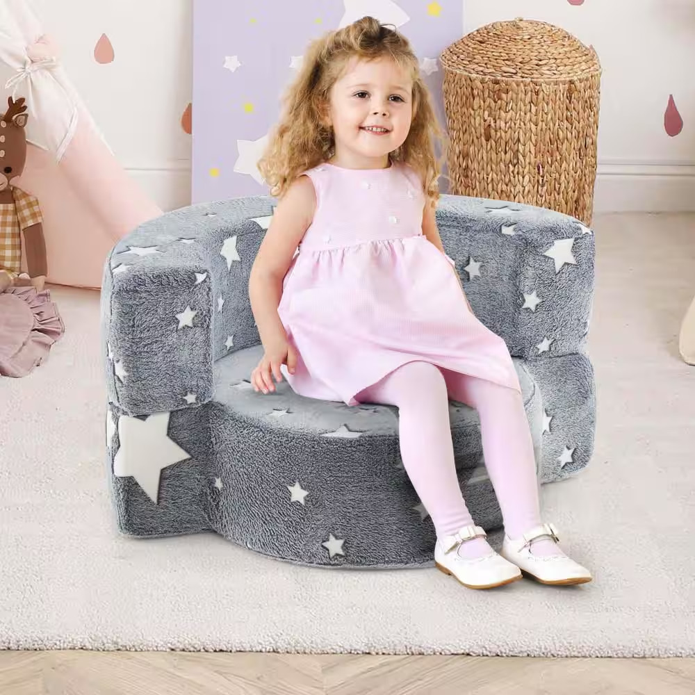 Gray Flannel Fabric Kids Plush Couch with Machine Washable Cover Soft Sponge Pad