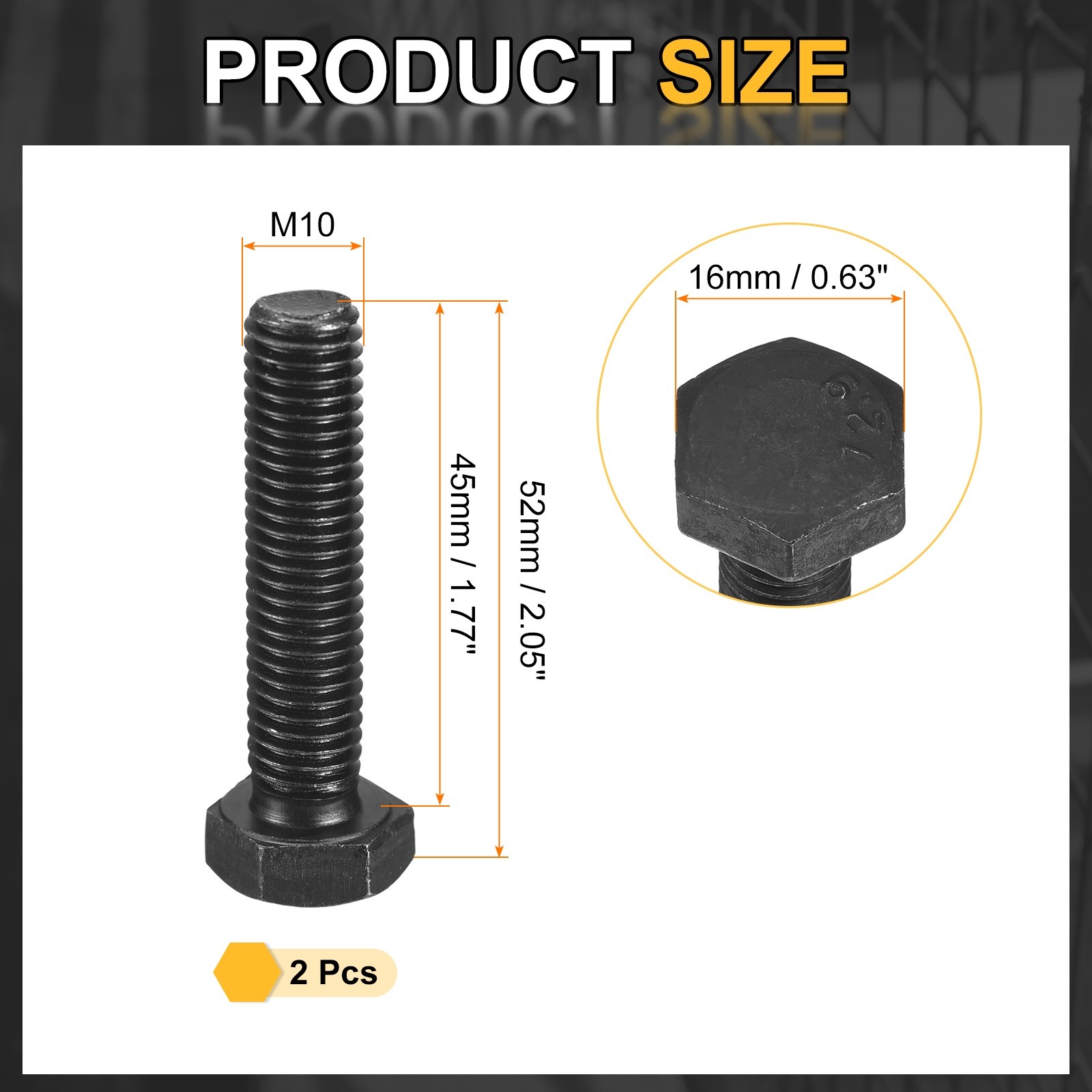 2Pcs M10-1.5 x 45mm Left Hand Hex Head Bolt Black Oxide Carbon Steel Reverse