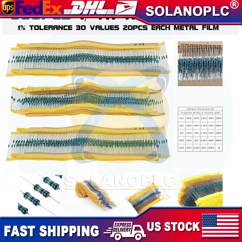 600pcs 30 Values 1/4W Metal Film Resistors Resistance Assortment Kit Set 1% USA