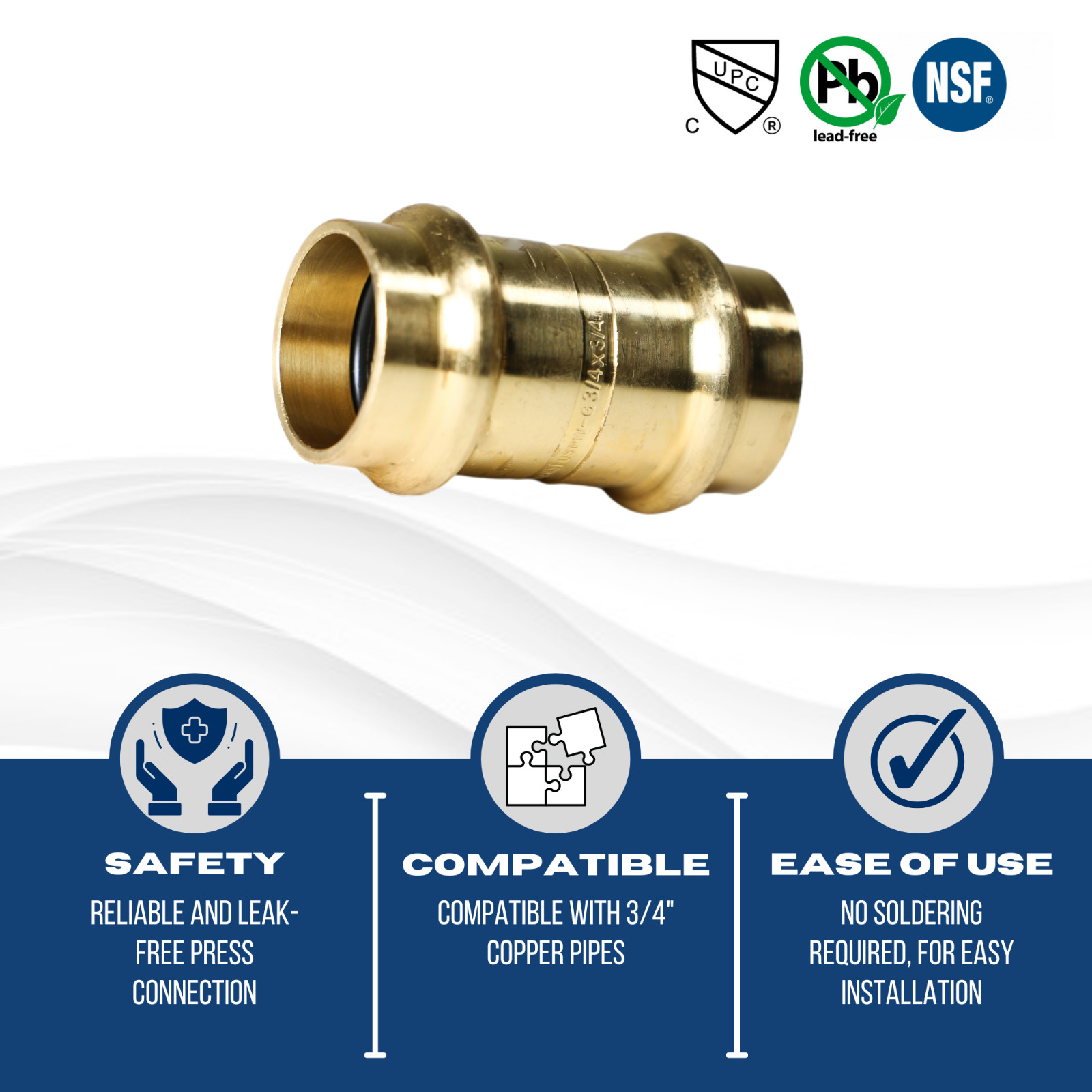 25 Pieces 3/4″ Press Coupling, Press Fit, Lead Free Brass