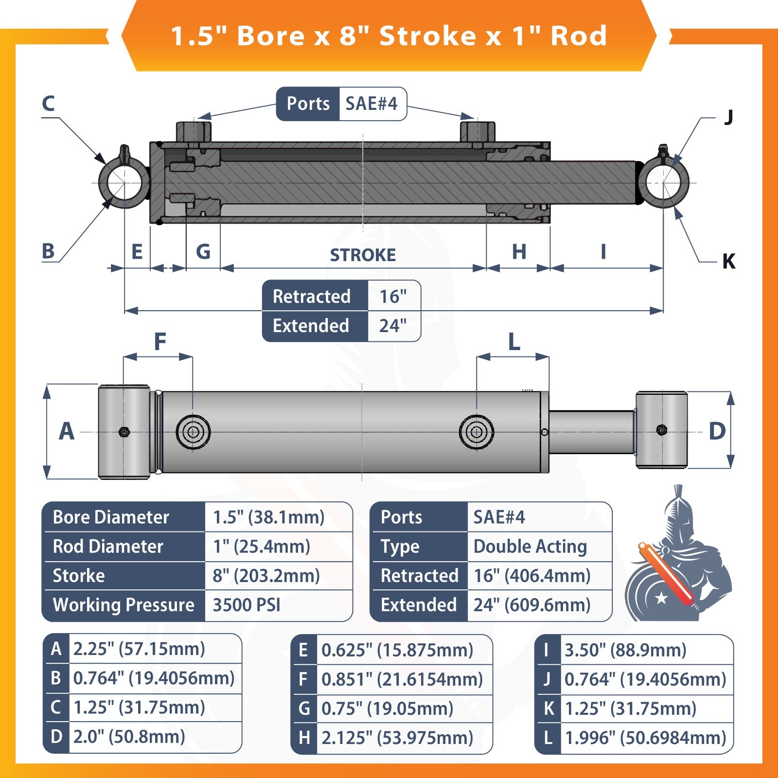 1.5×8 Hydraulic Cylinder 1.5″ Bore 8″ Stroke Double Acting Welded Cross Tube
