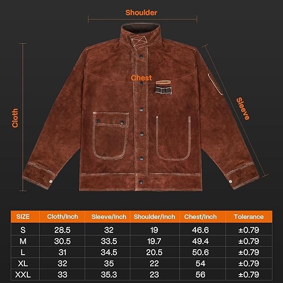 JASIC Leather Welding Jacket Split Cowhide Flame Resistant for Heavy Duty Welder
