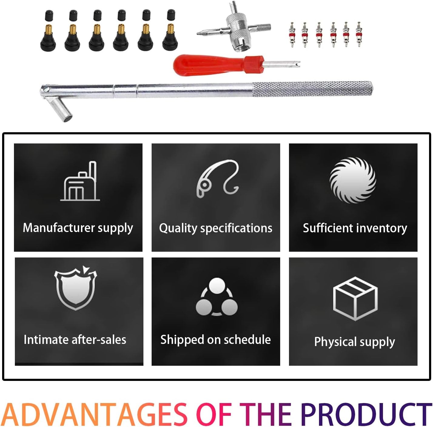 Tire Valve Stem Installation Kit – 6pcs TR412 Stems & 4-Way Valve Core Tool Set