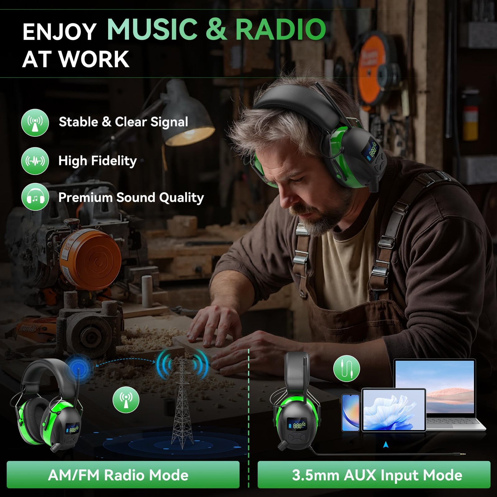 2025 AM/FM Radio Ear Protection Headphones with Backlit Large, Green-am/Fm
