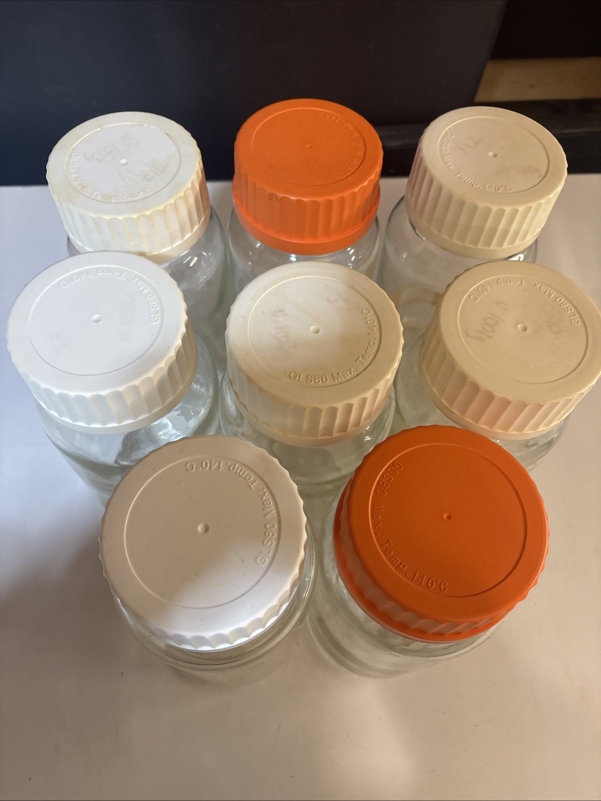 Lot of 7 GLS 80 Storage Lab Glass Bottle Jars 1000ml Orange White Cap Wide Mouth