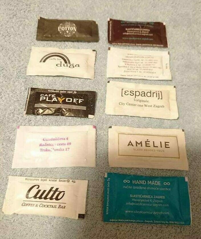 Set of 10 Different Unused Coffee & Tea Sugar Packets Bags pfrom ZAGREB, Croatia
