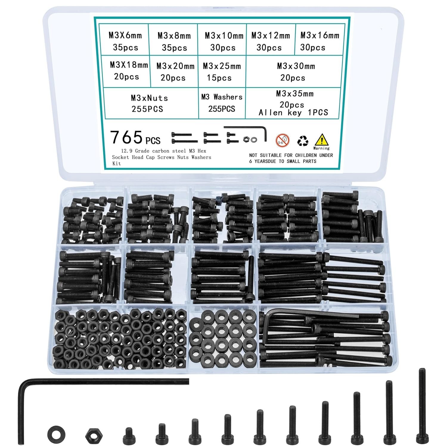 Screws Bolts and Nuts Assortment Kit, Small Hex Socket Head Cap M3 (765 Pcs)
