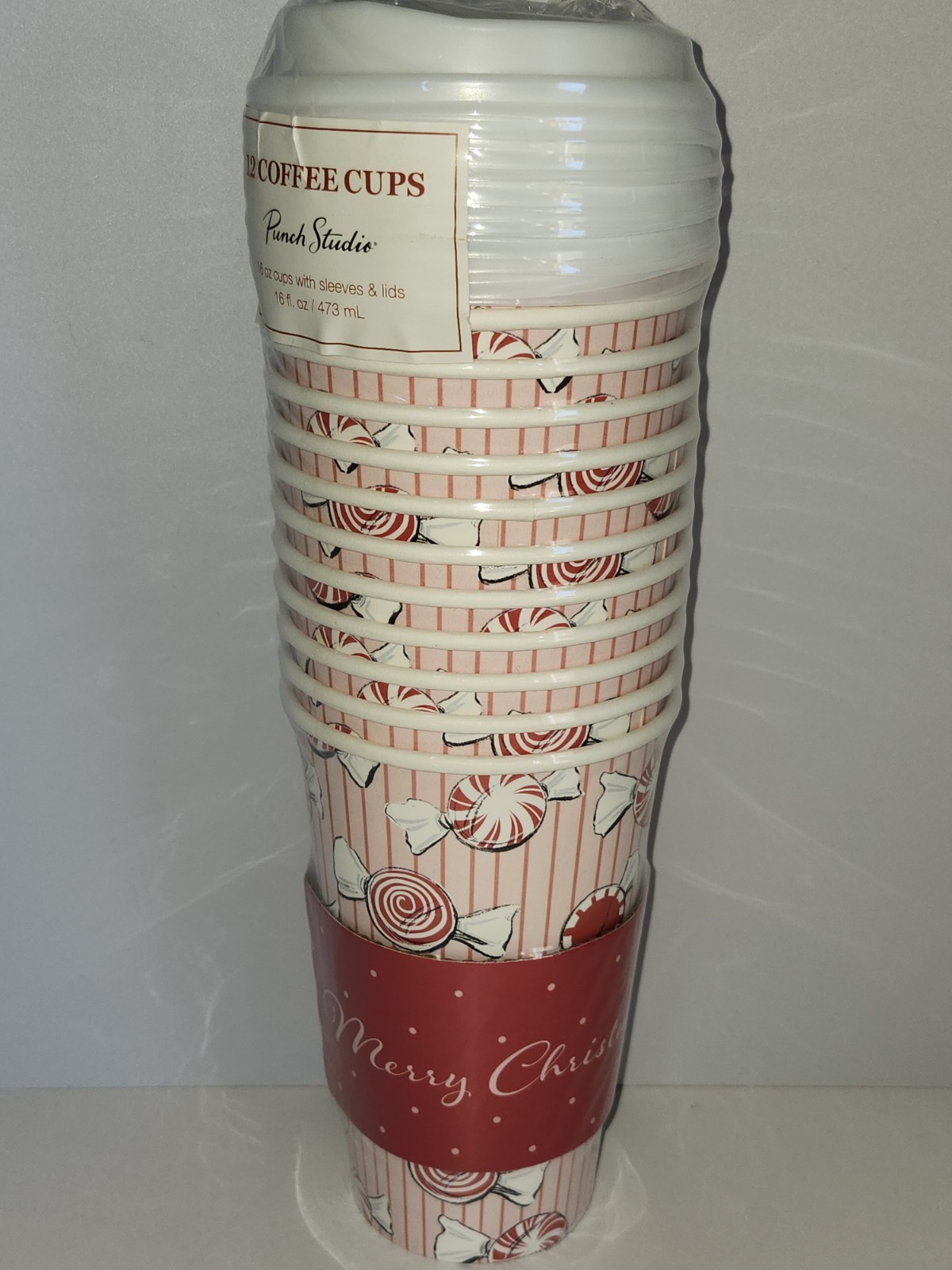 Punch Studio Set Of 12 Coffee Cups (16 Oz) With Sleeves And Lids Merry Christmas