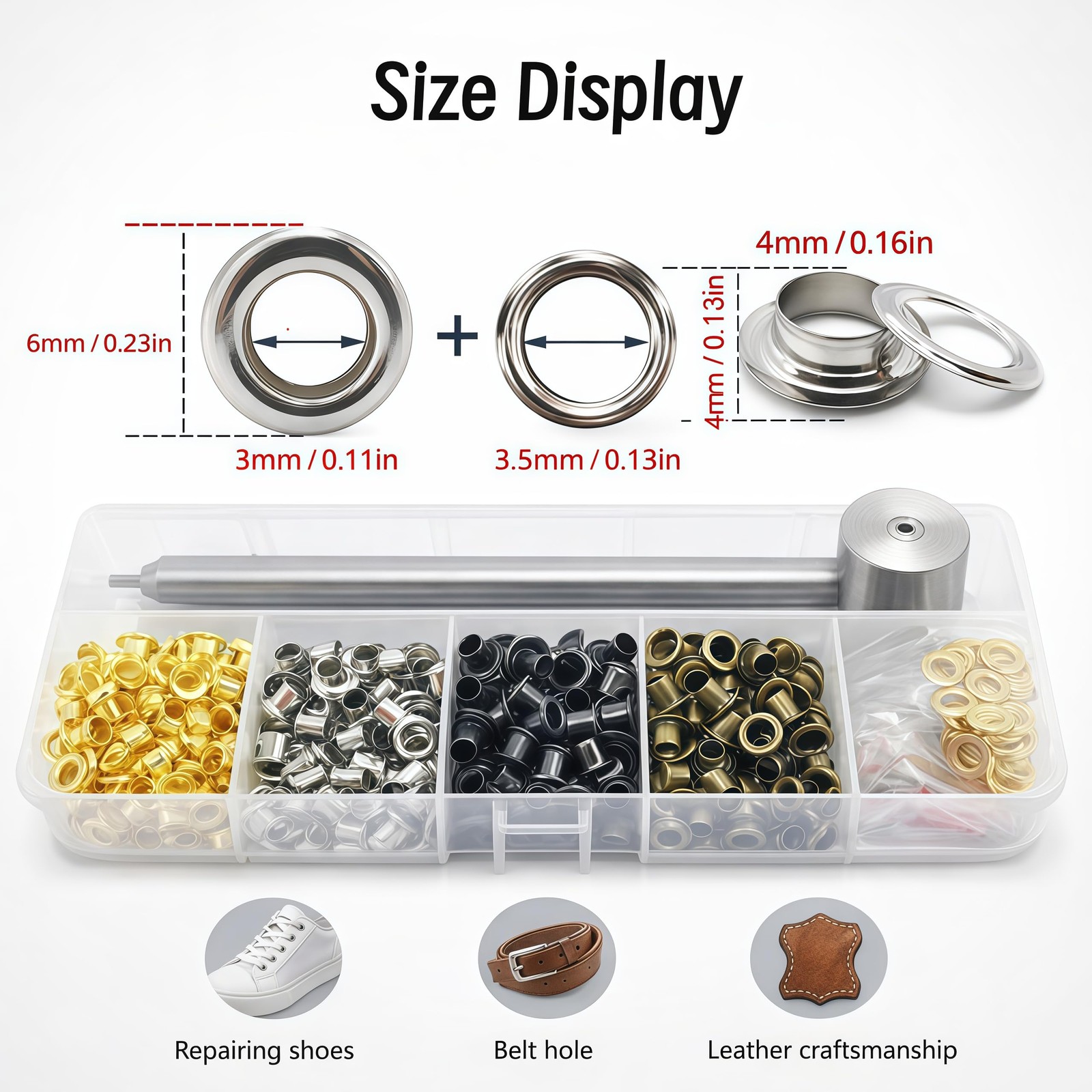 3mm Grommet Kit Storage Box 400 PCS Plated Copper Metal Eyelets 3 Hand Tools