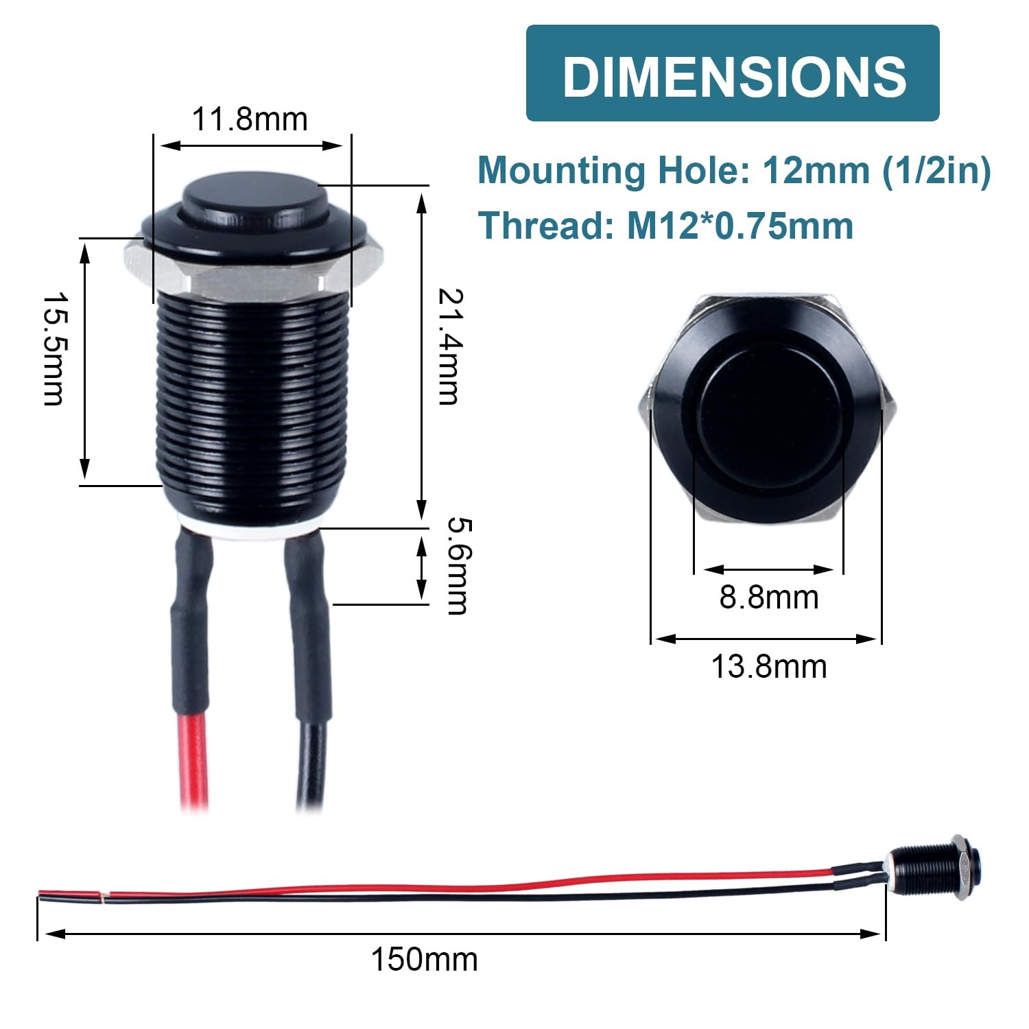5pcs 12mm Latching Push Button Switch Raised Head ON-Off Normally Open with Pre-