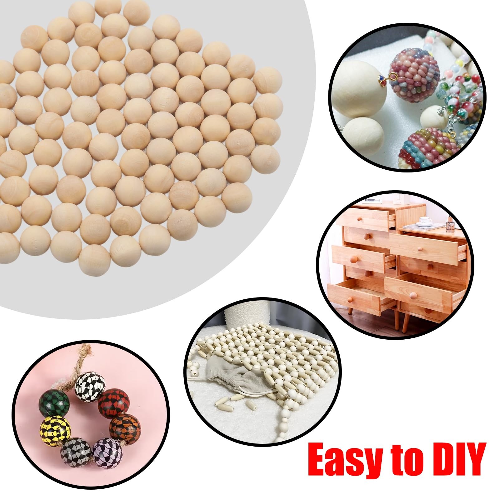 JAKOUE 100 PCS 1/2 inch (12mm) Wooden Balls, Small Unfinished Round