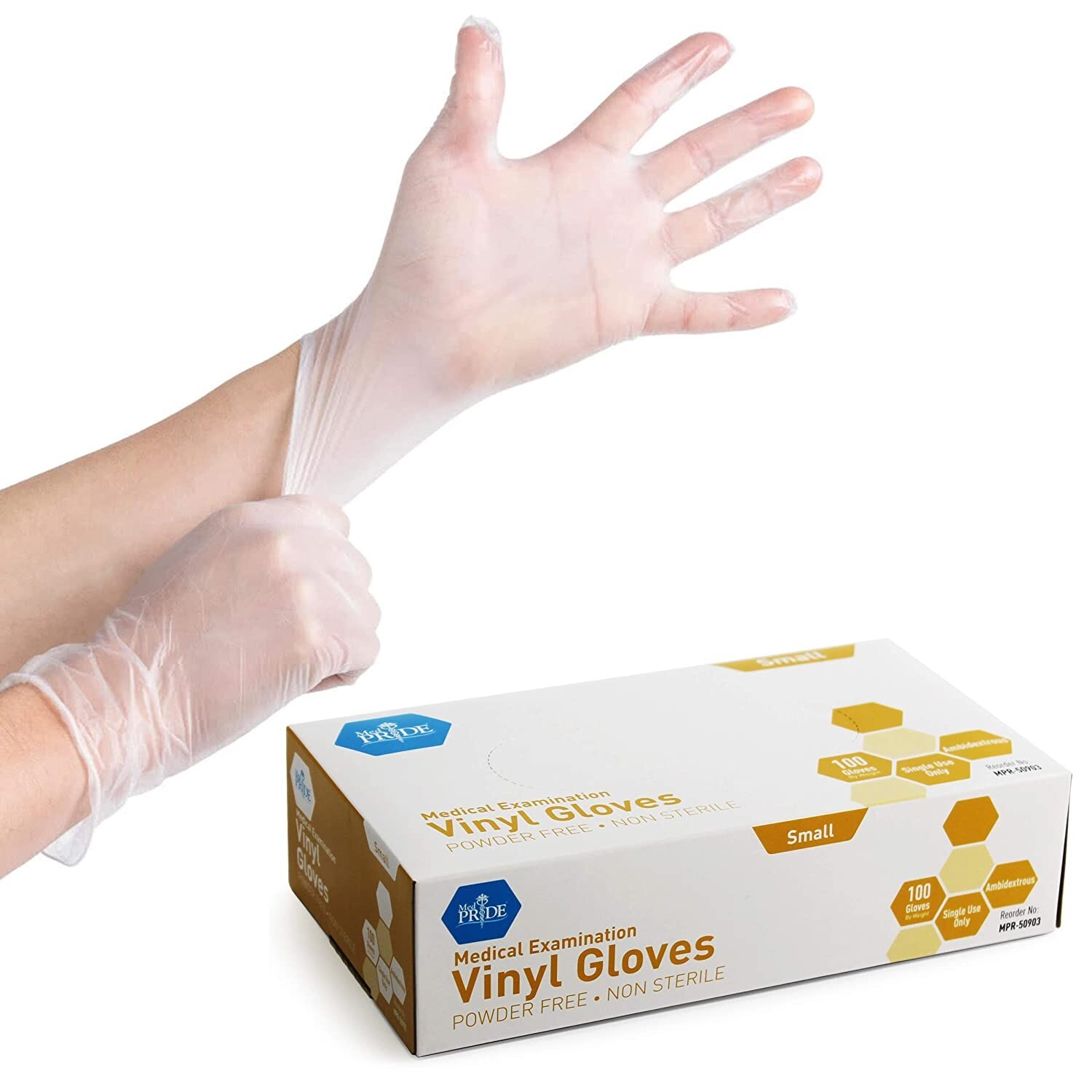MedPride Medical Examination Vinyl Gloves ,N/S Powder Free-Small-100 Gloves/Bx