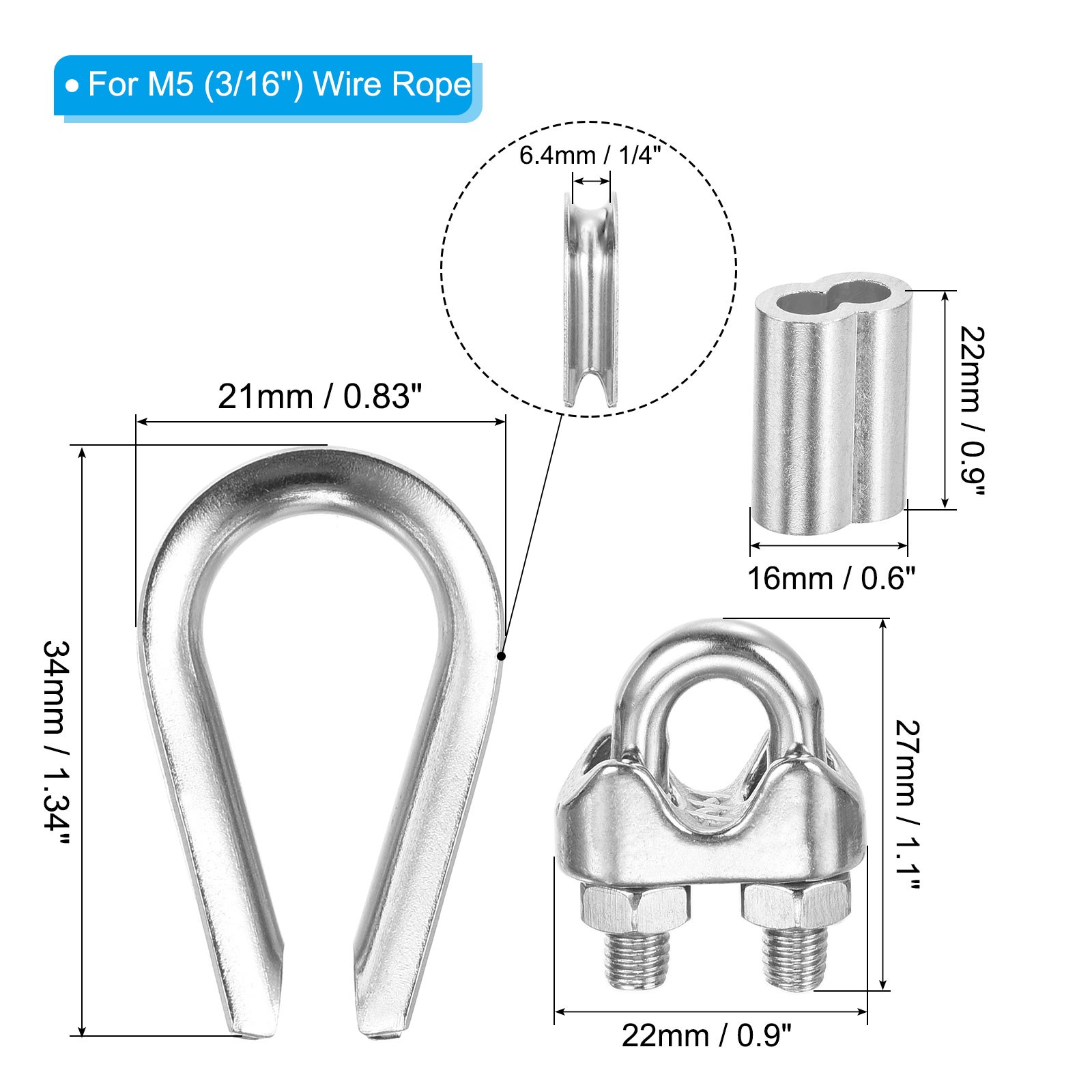 24Pack 3/16″ Wire Rope Kit M5 Stainless Steel Thimbles Clamps Crimping Loop