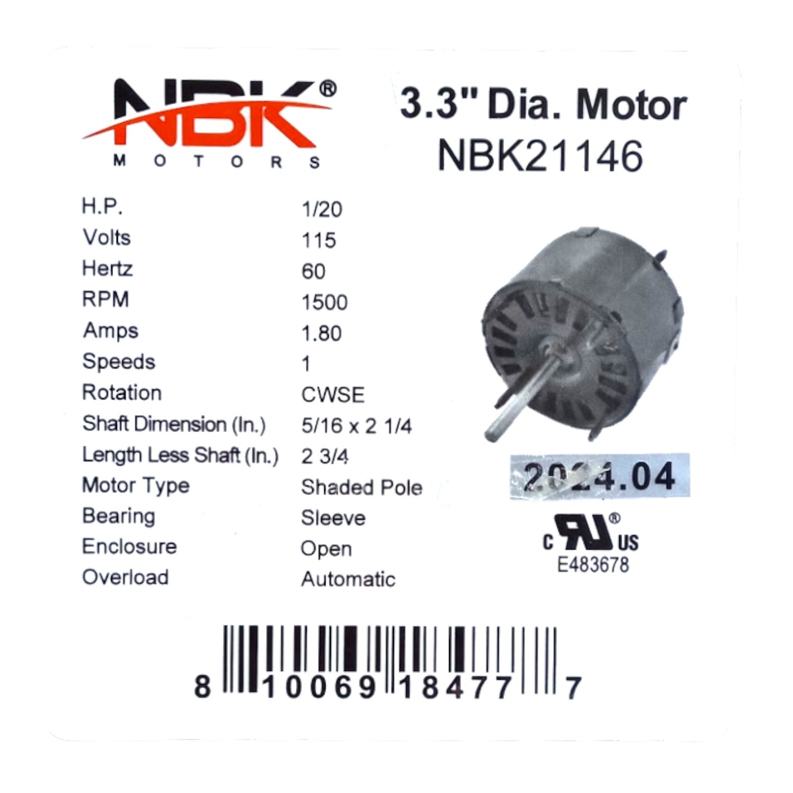 Fan Motor 3.3″ Dia.1/20 HP 1500 RPM 115 Volts CW Rotation Replaces Fasco D132