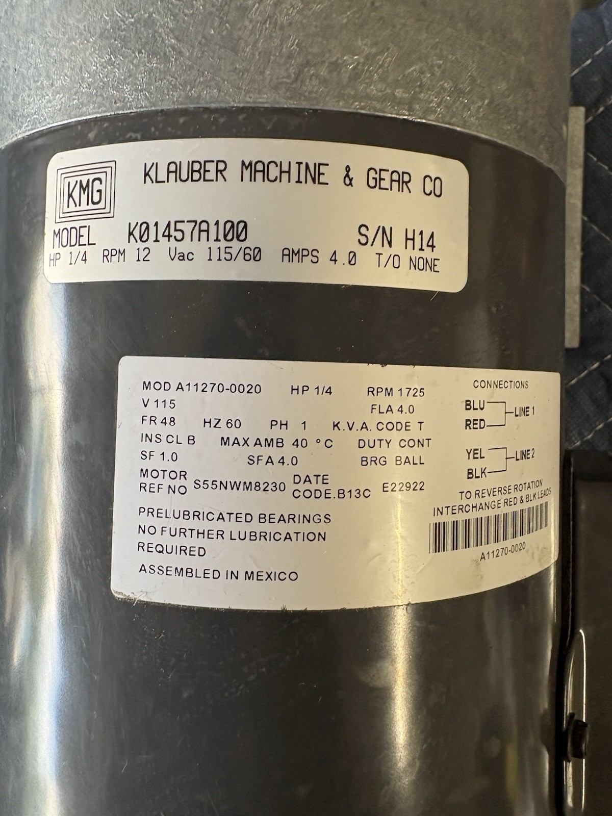 Klauber Machine & Gear Co. Motor K01457A100 1/4 HP 1725 RPM 115V