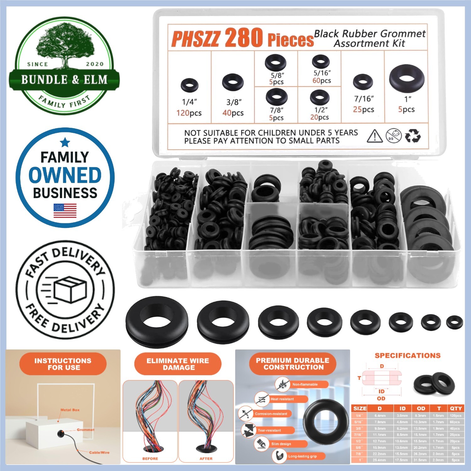 Rubber Grommet Kit 280 pcs Assortment 8 Sizes for Wiring Automotive Plumbing