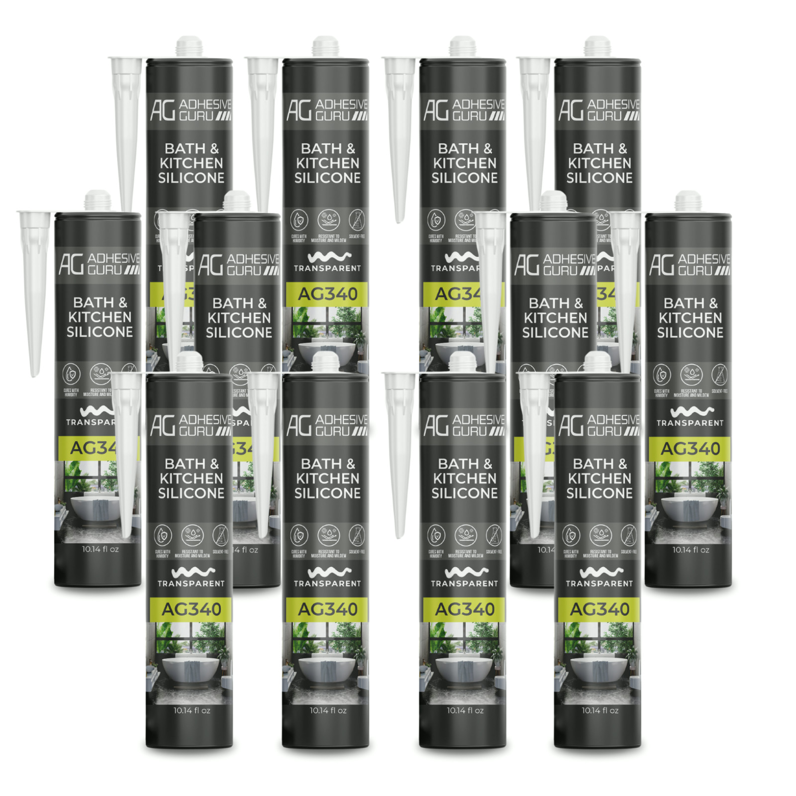 Adhesive Guru AG340 Clear Silicone Sealant (12×10.14 fl oz), 100% Silicone Caulk