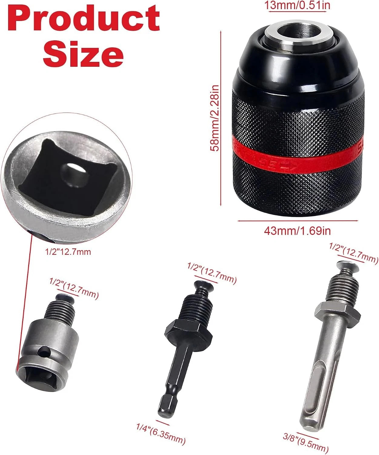 13mm Keyless Drill Chuck Metal Heavy Duty 1/2»-20UNF with SDS-Plus/Hex Shank I