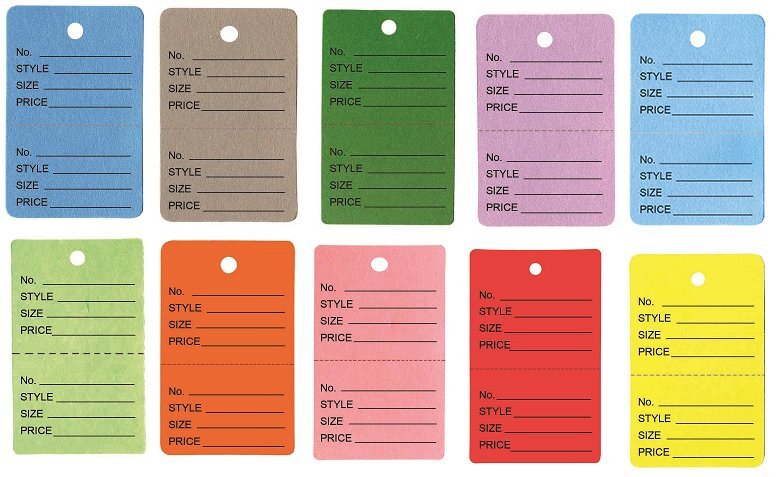 1000 Qty Unstrung Colored Large Price Tags w/Perforated Stub