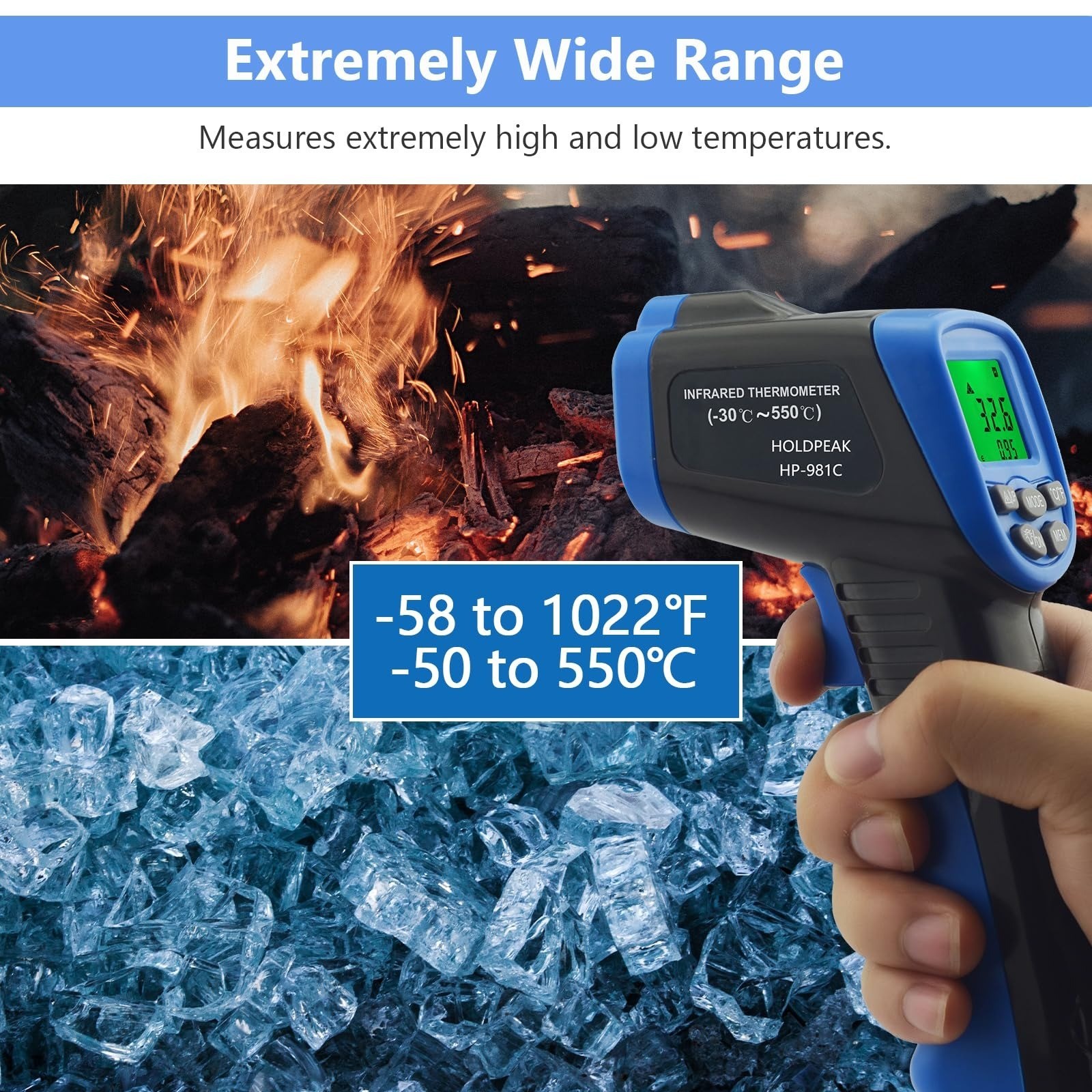 HOLDPEAK 981C Infrared Laser Thermometer -58 to 1022°F 550°C