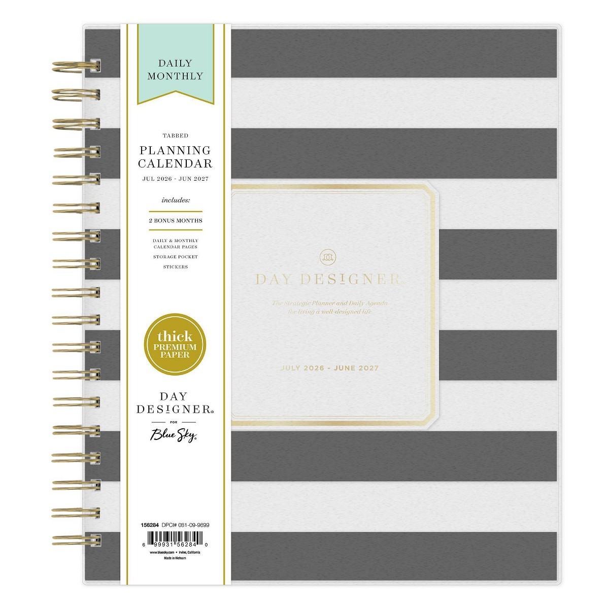 Day Designer 8″x10″2026-2027 Planner Rugby Stripe Black Frosted 27 Daily/Monthly