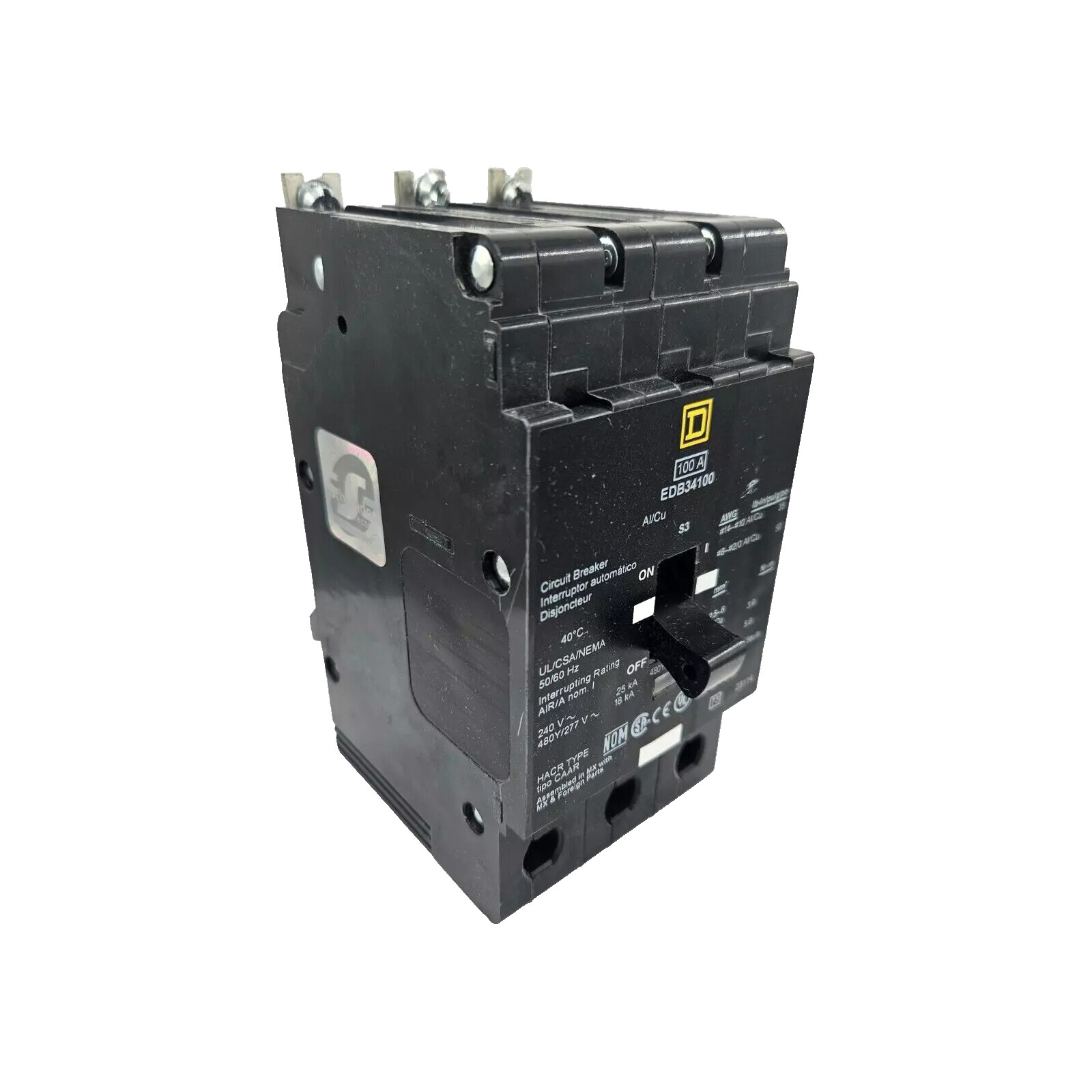 NIB – Square D – EDB34100 – Mini Circuit Breaker, 100A, 3 Pole, 480Y/277 Vac