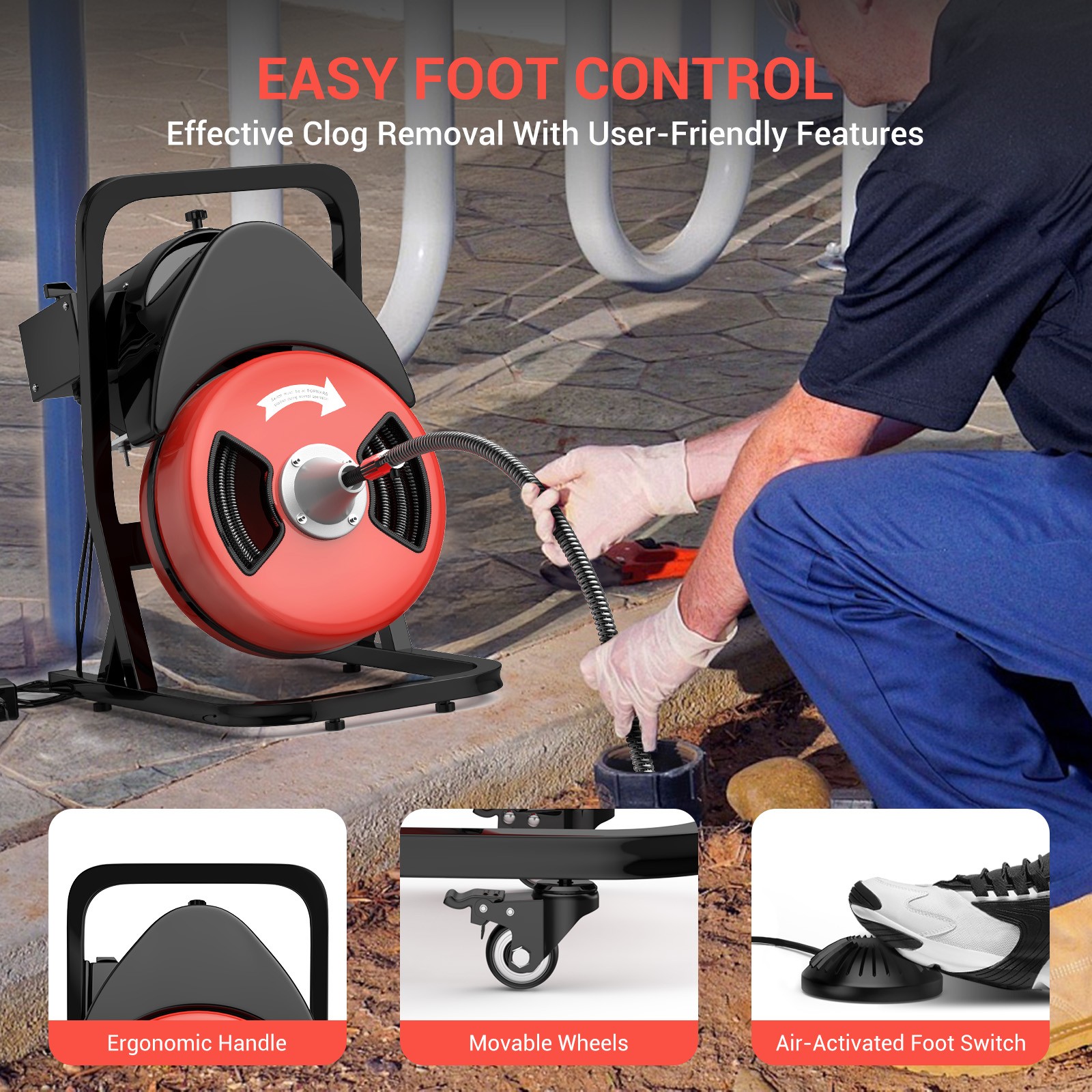 Electric Drain Cleaner Machine 50FT x 1/2″ 450W Auto-Feed Sewer Snake Auger