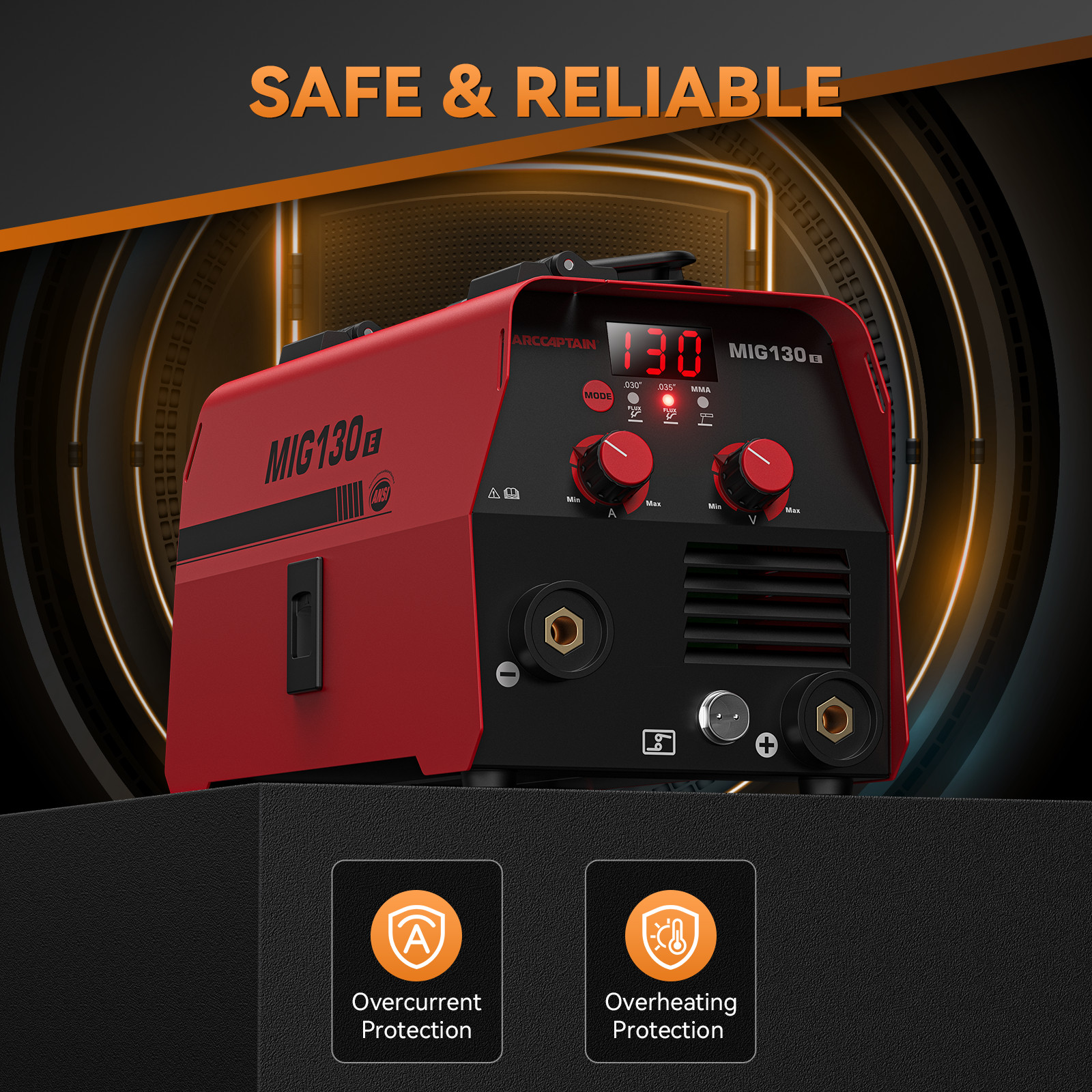 ARCCAPTAIN MIG130 130A 3-in-1 MIG/TIG/MMA Welder w/Digital Screen, O.C O.H Prote