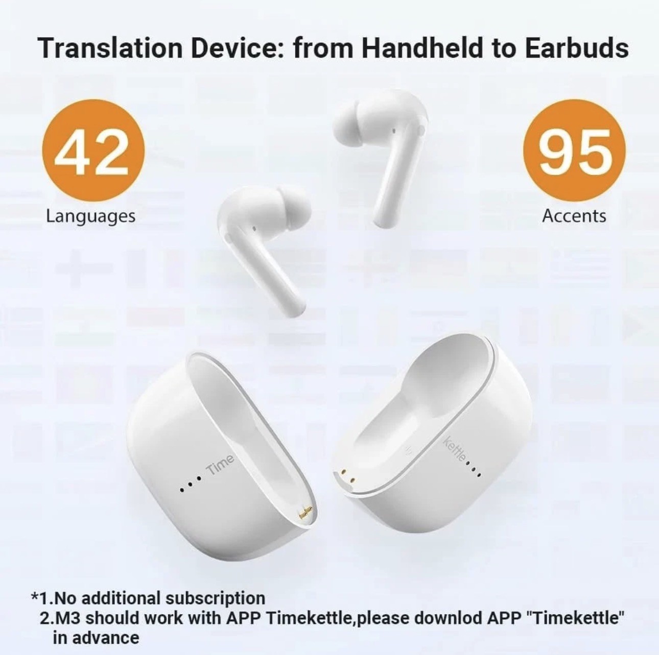 TimeKettle M3 White Bluetooth 3 In 1 Language Translator Earbuds With Manual