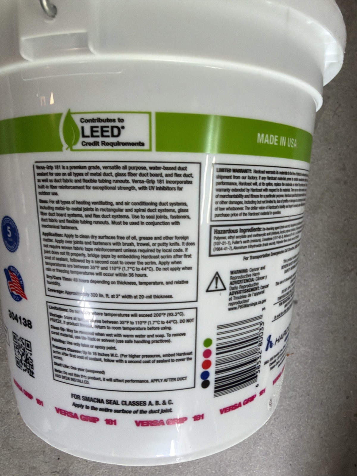Hardcast 304138 Versa Grip 181 Fiber Duct Sealant Indoor outdoor 1 Gallon Pail