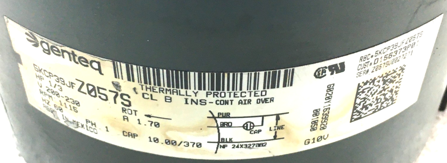 Genteq 5KCP39JFZ057S Condenser Fan Motor D156373P01 1/3HP 200/230V used #MC982