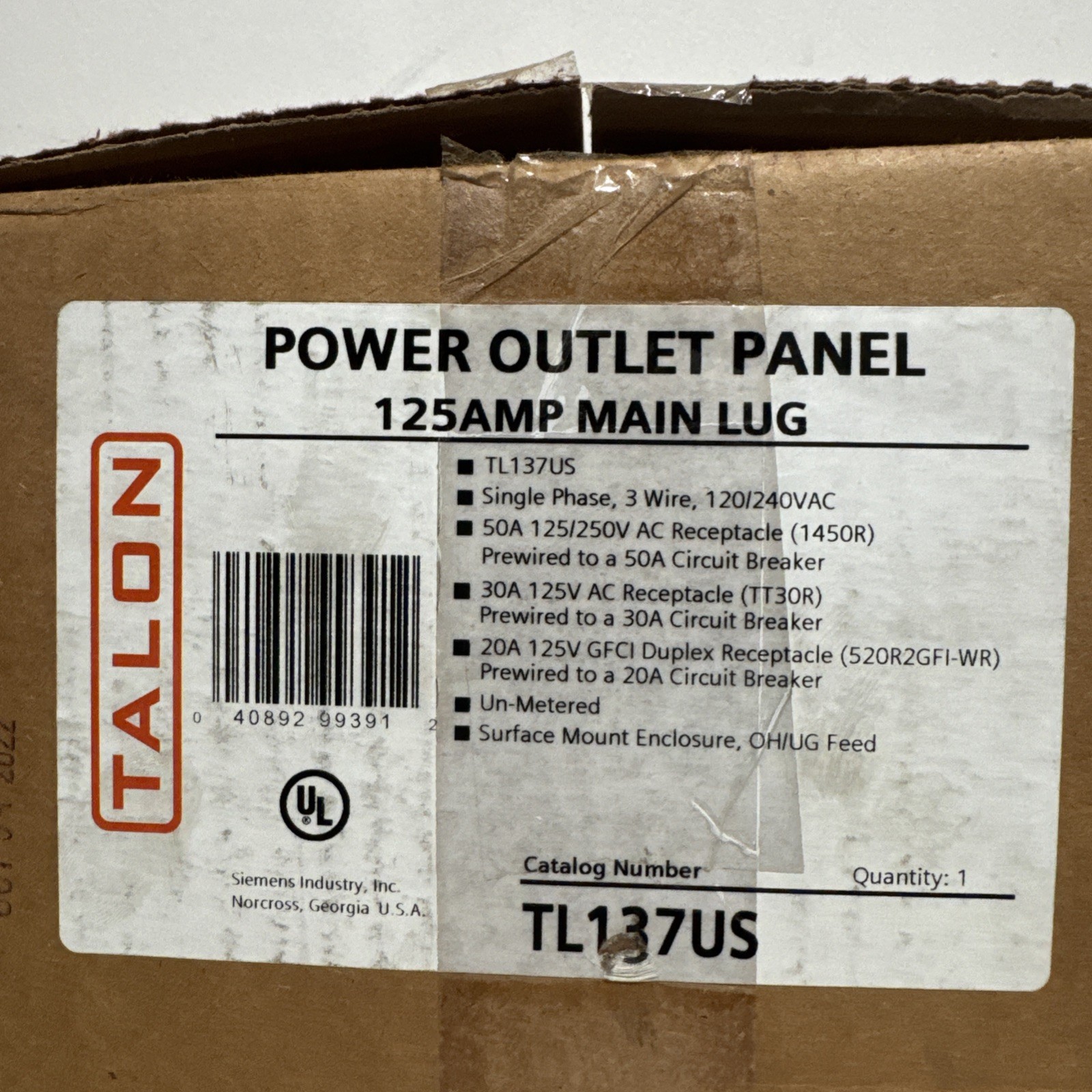 Siemens TL137US POWER OUTLET PANEL 125AMP MAIN LUG