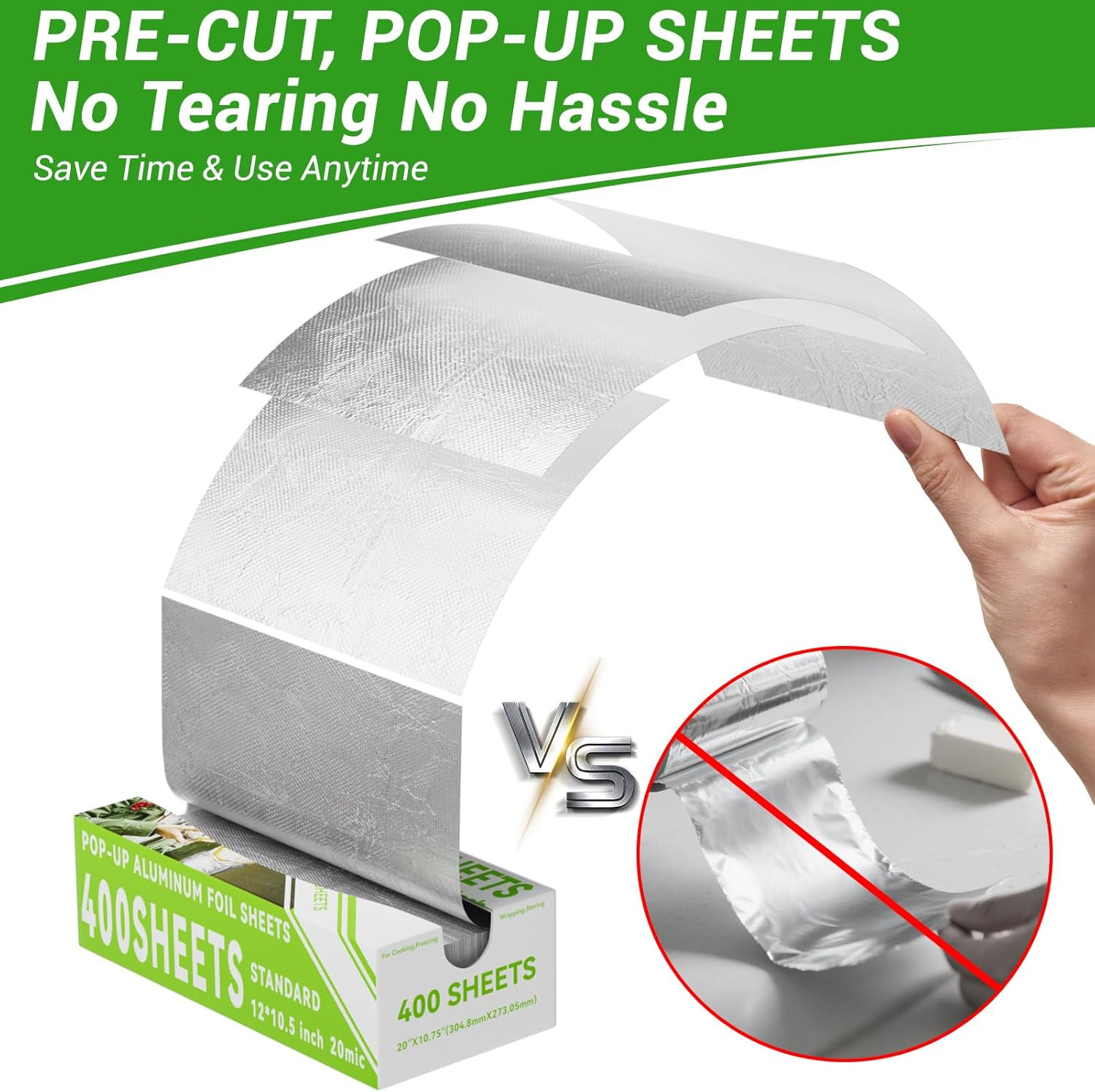 Aluminum Foil Sheets, 400 Count Tin Foil,12″ X 10.5″ Pre-Cut Pop-Up Dispenser fo