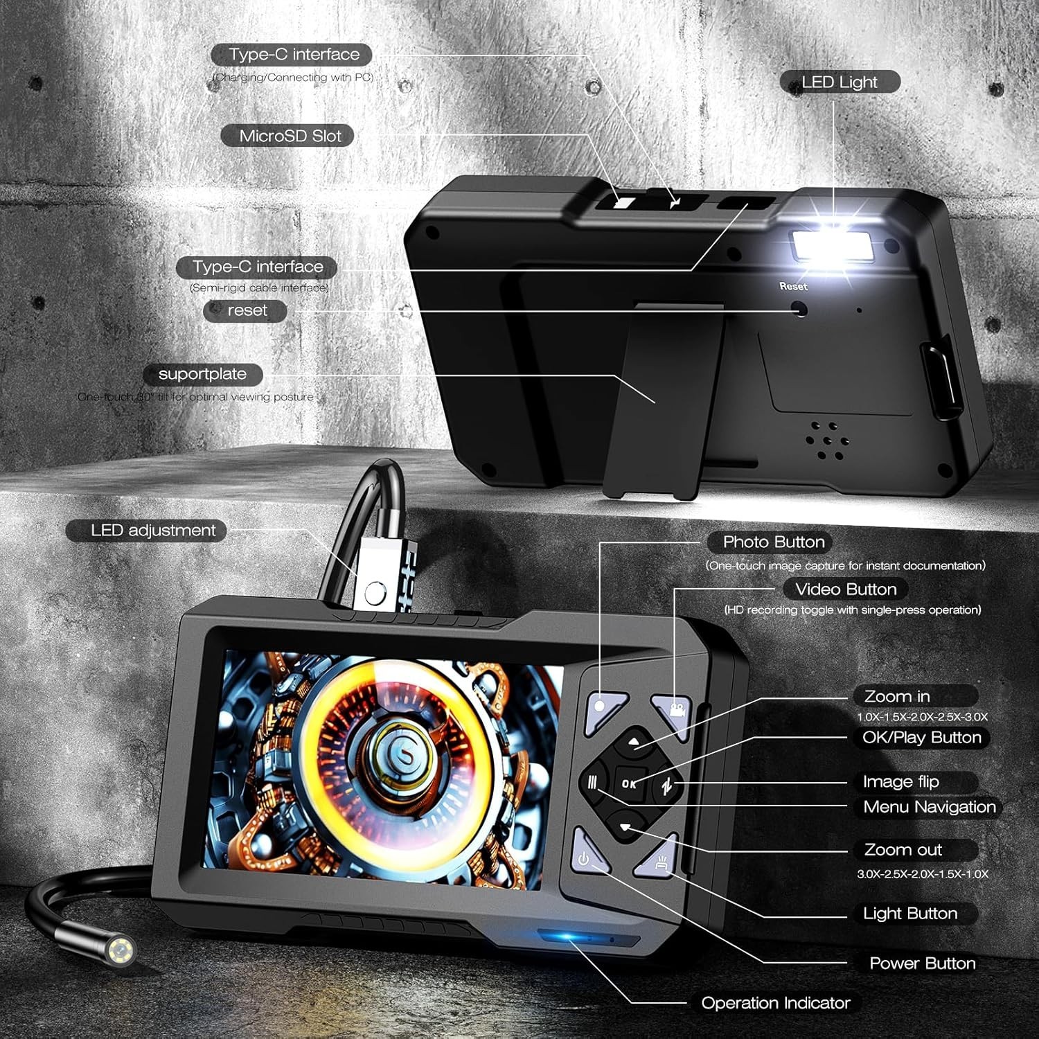 Industrial Endoscope Camera 1080P HD 4.3» Screen Borescope Inspection Camera US