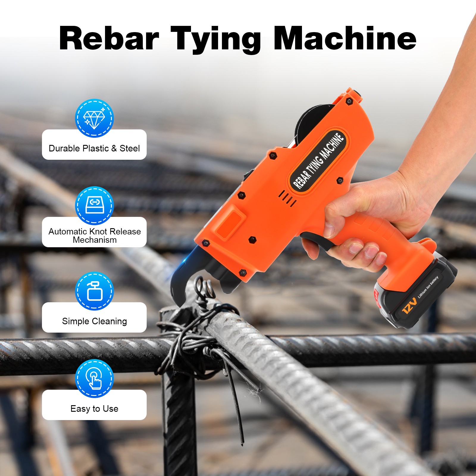 2 Battery Automatic Rebar Tying Machine Electric Rebar Tier Tool 8-34mm 4500Mah