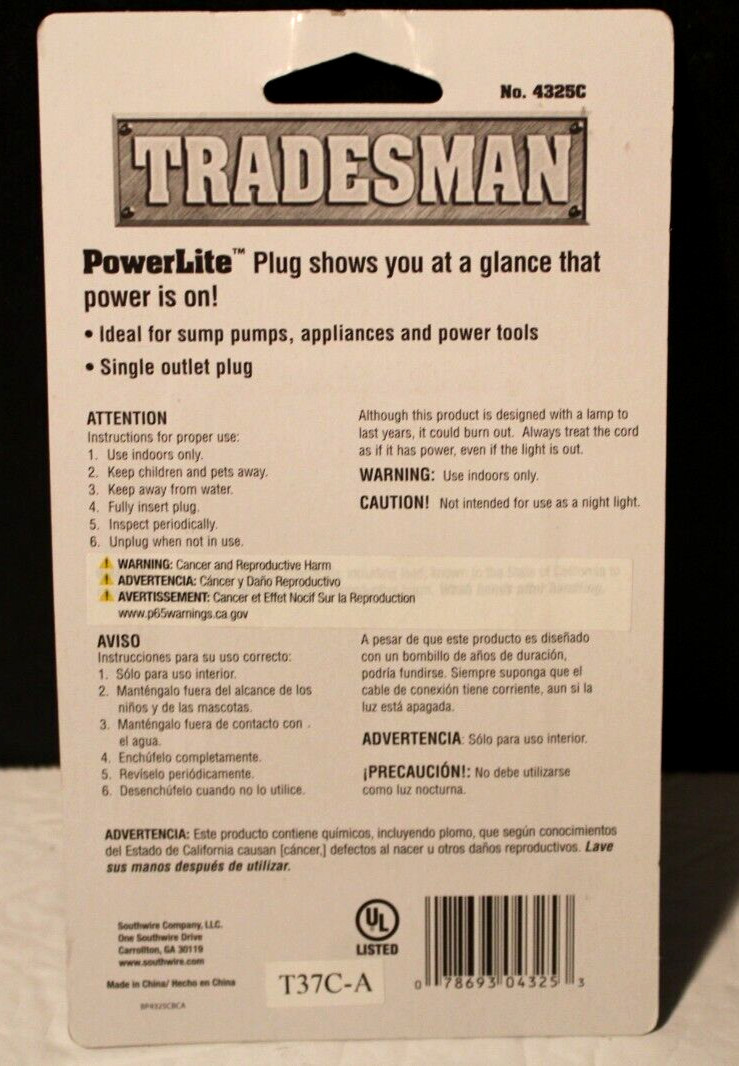 Tradesman Single Outlet Plug Adapter, No 4325C