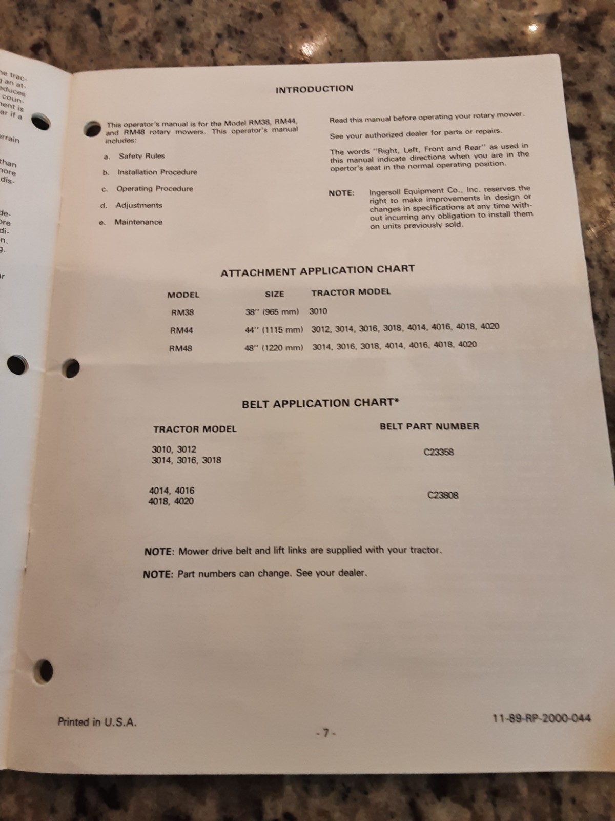 ingersoll rotary mowers operator manual rm38,rm44,rm48.