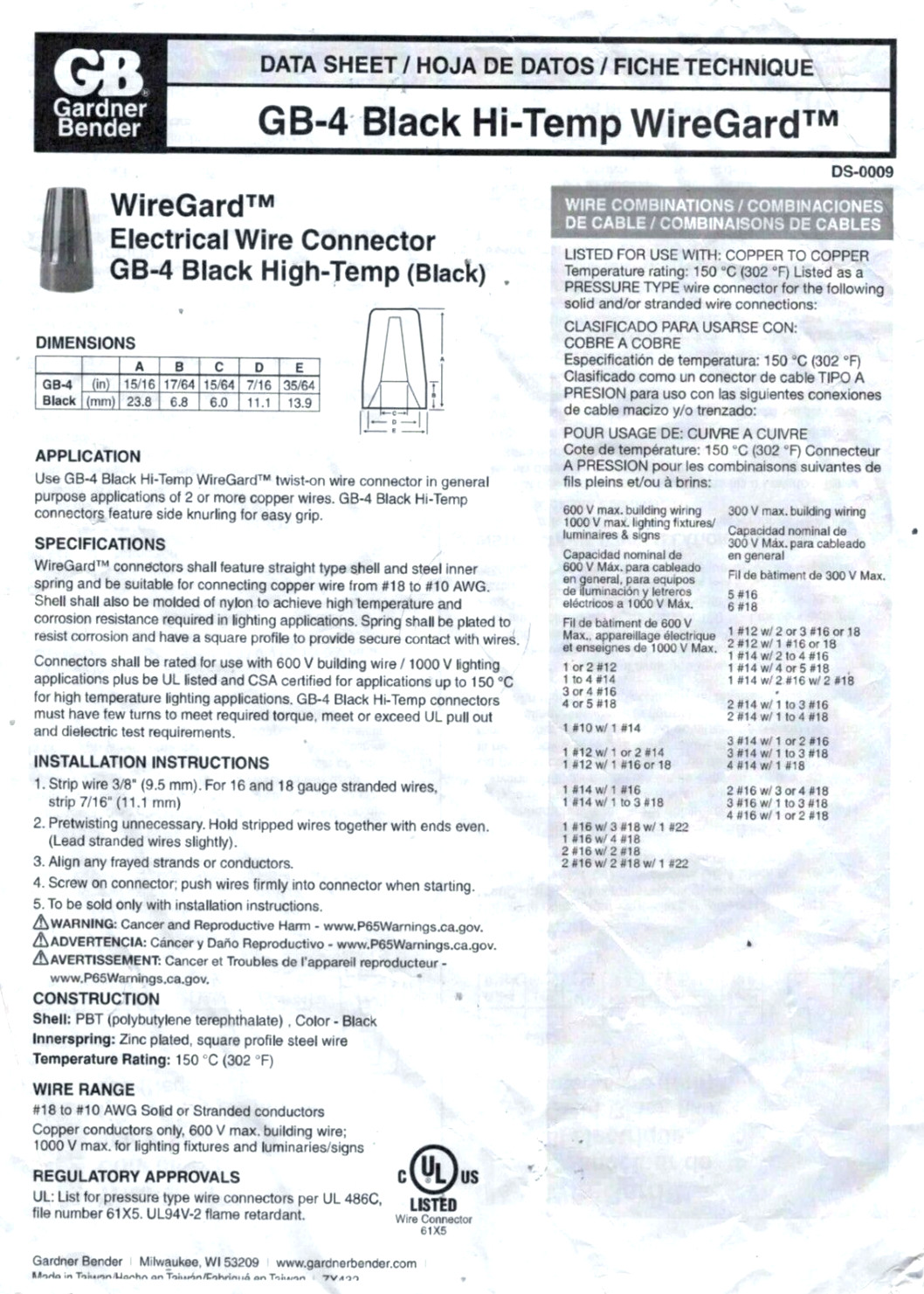 (1,000) Gardner Bender WireGard GB-4 Black Hi Temp Wire Nuts 10-004HT 18-10 AWG